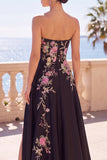 Floral Black Satin A-Line Strapless Long Corset Formal Dress with Slit