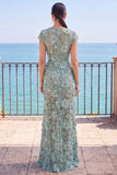 Floral Beaded Grey Green Sheath Round Neck Long Formal Dress with Slit