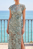 Floral Beaded Grey Green Sheath Round Neck Long Formal Dress with Slit
