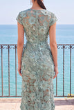 Floral Beaded Grey Green Sheath Round Neck Long Formal Dress with Slit