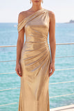 Golden Sheath One Shoulder Ruched Metallic Long Formal Dress