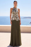 Olive Floral A-Line Halter Pleated Chiffon Long Formal Dress