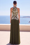 Olive Floral A-Line Halter Pleated Chiffon Long Formal Dress