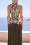 Olive Floral A-Line Halter Pleated Chiffon Long Formal Dress