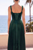 Dark Green Corset A-Line Pleated Long Velvet Holiday Dress