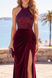 Sparkly Burgundy Halter Ruched Sequins Long Velvet Holiday Dress with Slit