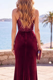 Sparkly Burgundy Halter Ruched Sequins Long Velvet Holiday Dress with Slit