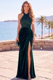 Sparkly Burgundy Halter Ruched Sequins Long Velvet Holiday Dress with Slit