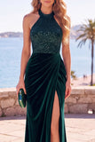 Sparkly Burgundy Halter Ruched Sequins Long Velvet Holiday Dress with Slit