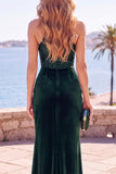Sparkly Burgundy Halter Ruched Sequins Long Velvet Holiday Dress with Slit
