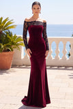 Burgundy Mermaid Long Sleeves Velvet Holiday Dress with Lace