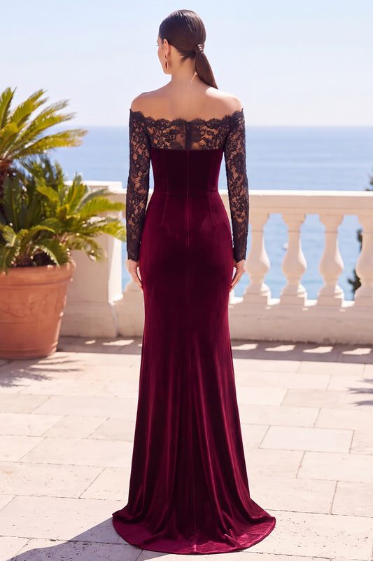 Burgundy Mermaid Long Sleeves Velvet Holiday Dress with Lace