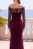 Burgundy Mermaid Long Sleeves Velvet Holiday Dress with Lace
