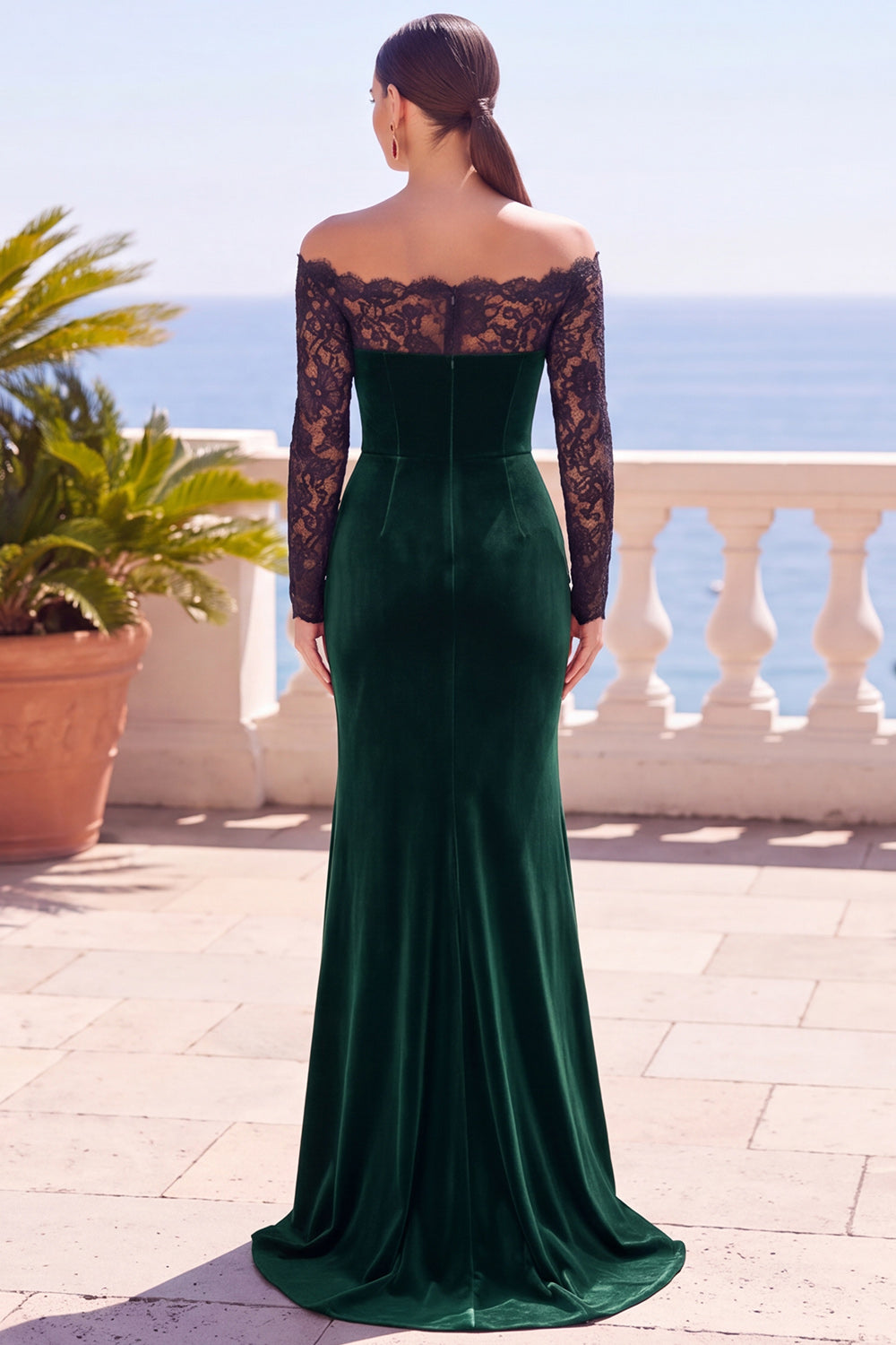 Burgundy Mermaid Long Sleeves Velvet Holiday Dress with Lace