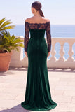 Burgundy Mermaid Long Sleeves Velvet Holiday Dress with Lace