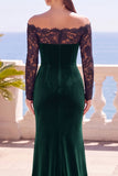 Burgundy Mermaid Long Sleeves Velvet Holiday Dress with Lace