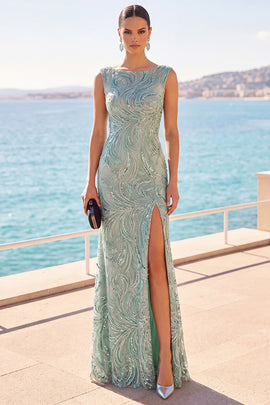 Sparkly Grey Green Beaded Boat Neck Long Formal Dress with Slit