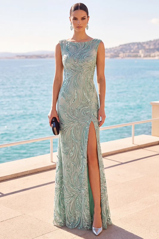 Sparkly Grey Green Beaded Boat Neck Long Formal Dress with Slit