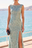 Sparkly Grey Green Beaded Boat Neck Long Formal Dress with Slit
