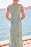Sparkly Grey Green Beaded Boat Neck Long Formal Dress with Slit