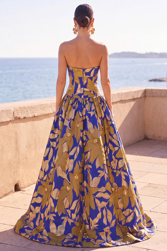 Blue Yellow Flower Jacquard A-Line Sweetheart Keyhole Long Formal Dress