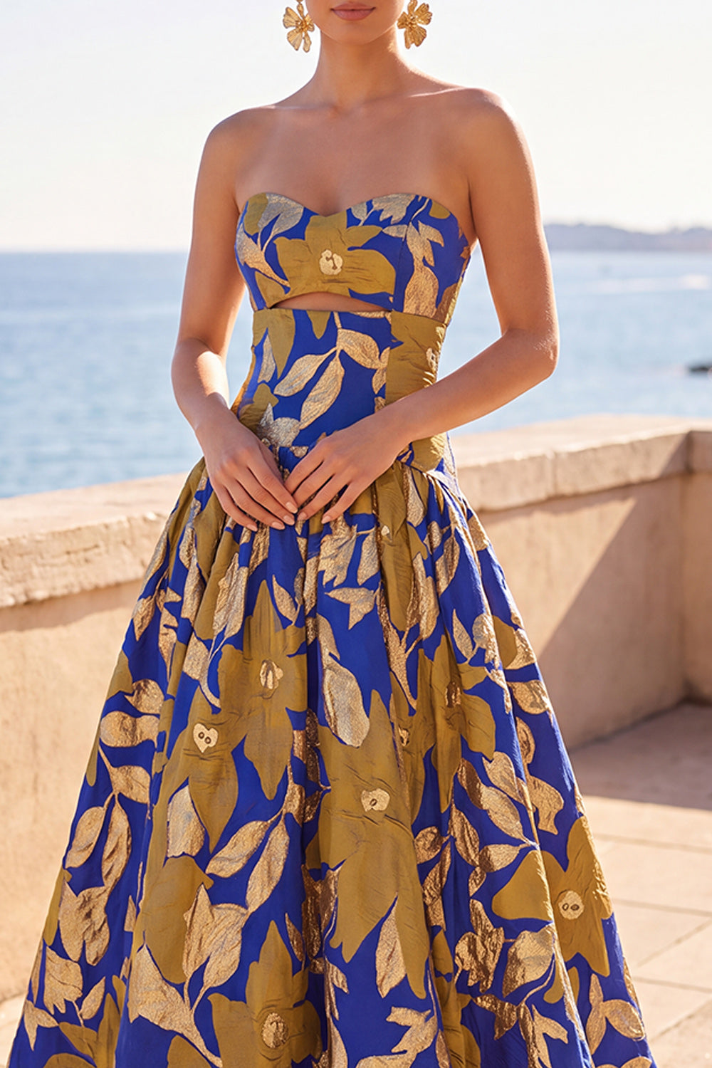 Blue Yellow Flower Jacquard A-Line Sweetheart Keyhole Long Formal Dress