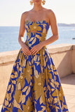 Blue Yellow Flower Jacquard A-Line Sweetheart Keyhole Long Formal Dress