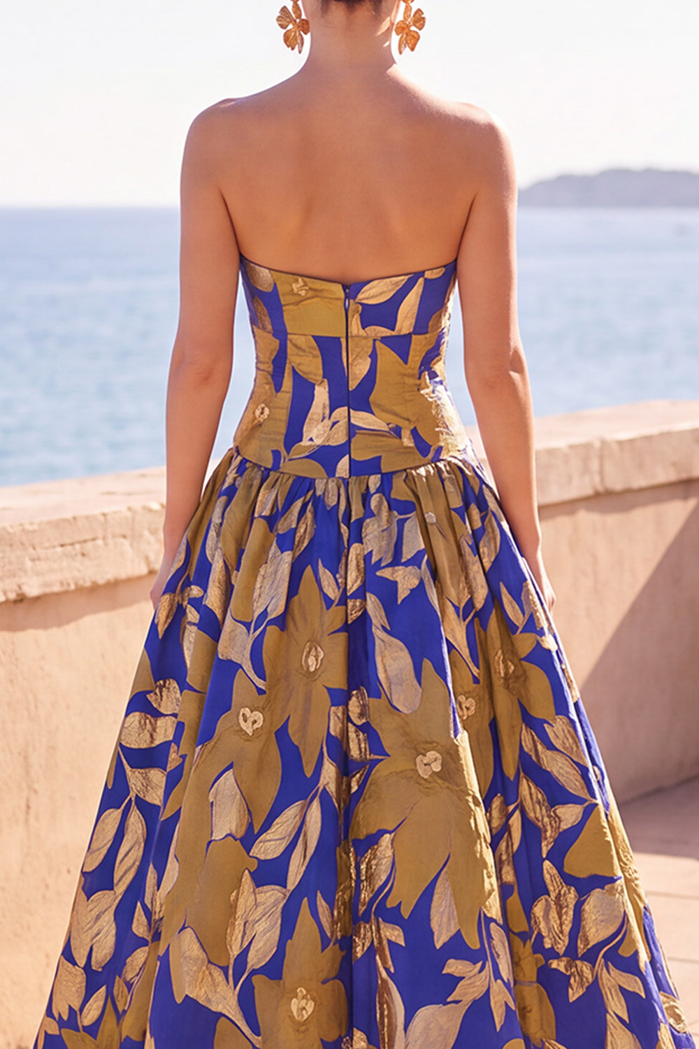 Blue Yellow Flower Jacquard A-Line Sweetheart Keyhole Long Formal Dress