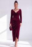 Burgundy Velvet Cowl Neck Ruched Maxi Holiday Dress with Sleeves