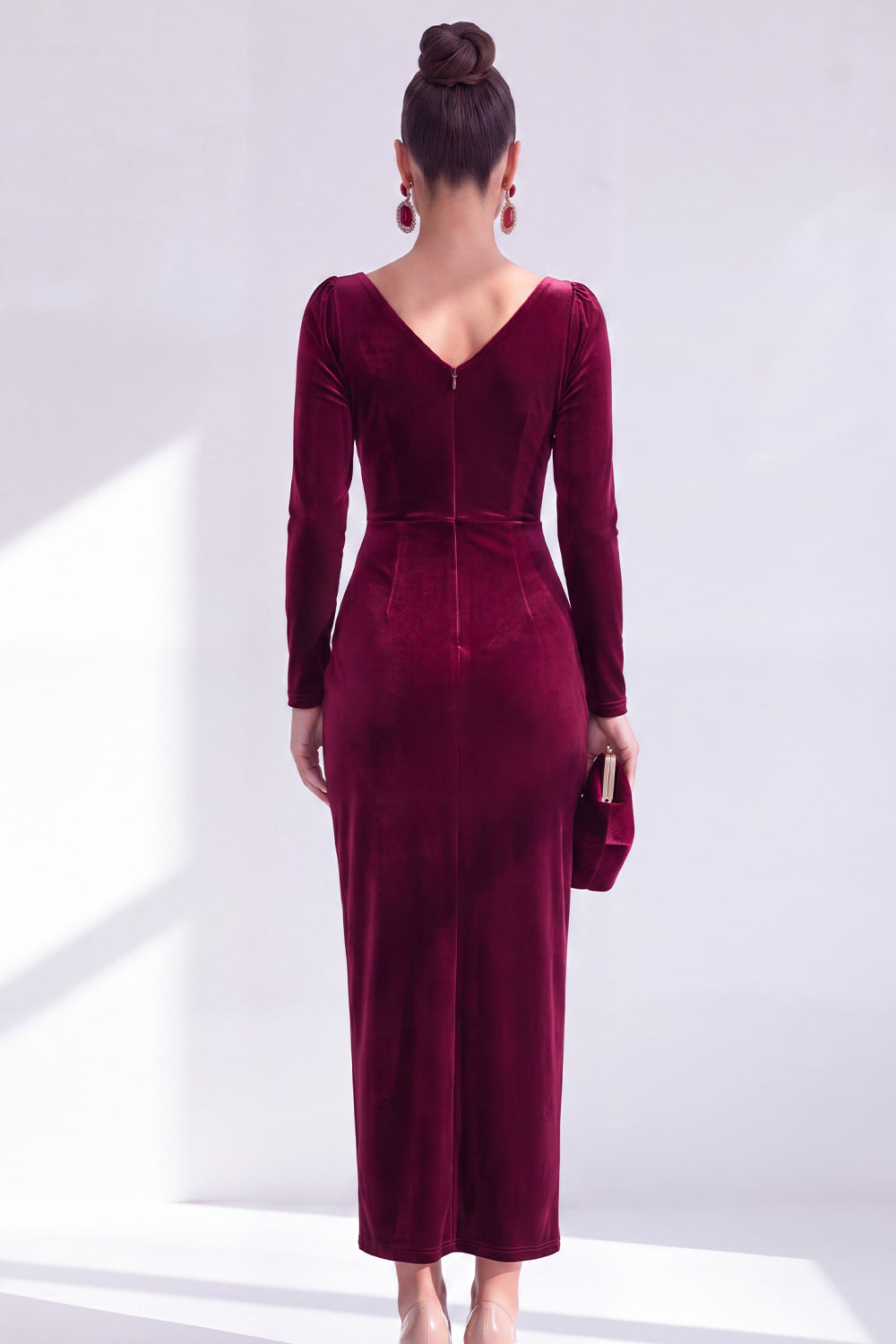 Burgundy Velvet Cowl Neck Ruched Maxi Holiday Dress with Sleeves