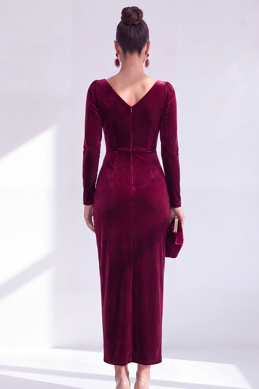 Burgundy Velvet Cowl Neck Ruched Maxi Holiday Dress with Sleeves
