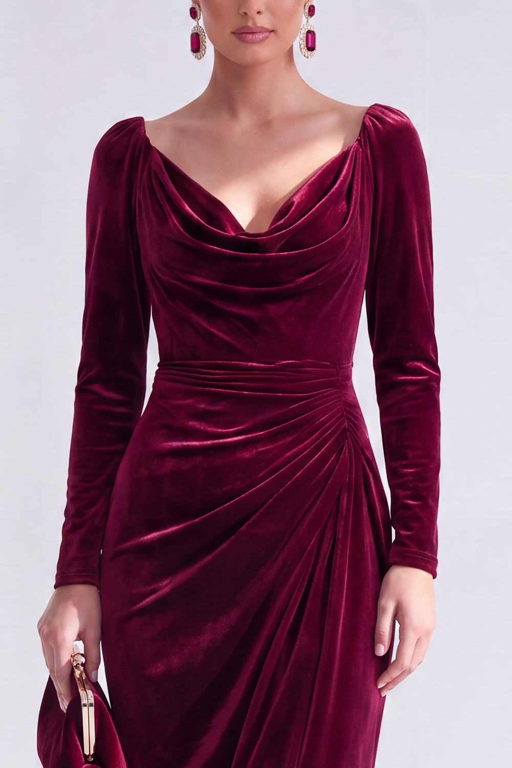 Burgundy Velvet Cowl Neck Ruched Maxi Holiday Dress with Sleeves