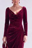 Burgundy Velvet Cowl Neck Ruched Maxi Holiday Dress with Sleeves