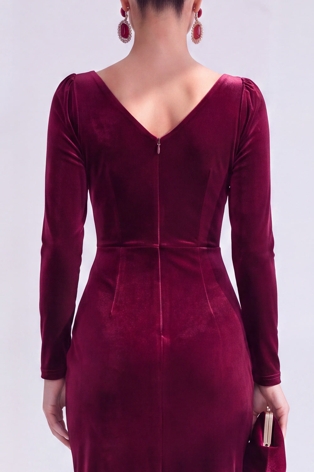 Burgundy Velvet Cowl Neck Ruched Maxi Holiday Dress with Sleeves