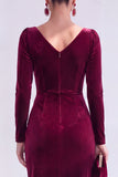 Burgundy Velvet Cowl Neck Ruched Maxi Holiday Dress with Sleeves