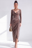 Burgundy Velvet Cowl Neck Ruched Maxi Holiday Dress with Sleeves