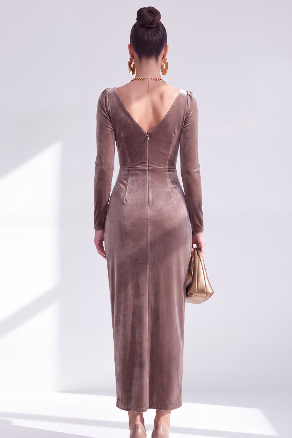 Burgundy Velvet Cowl Neck Ruched Maxi Holiday Dress with Sleeves