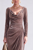 Burgundy Velvet Cowl Neck Ruched Maxi Holiday Dress with Sleeves