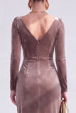 Burgundy Velvet Cowl Neck Ruched Maxi Holiday Dress with Sleeves