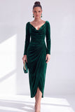 Burgundy Velvet Cowl Neck Ruched Maxi Holiday Dress with Sleeves