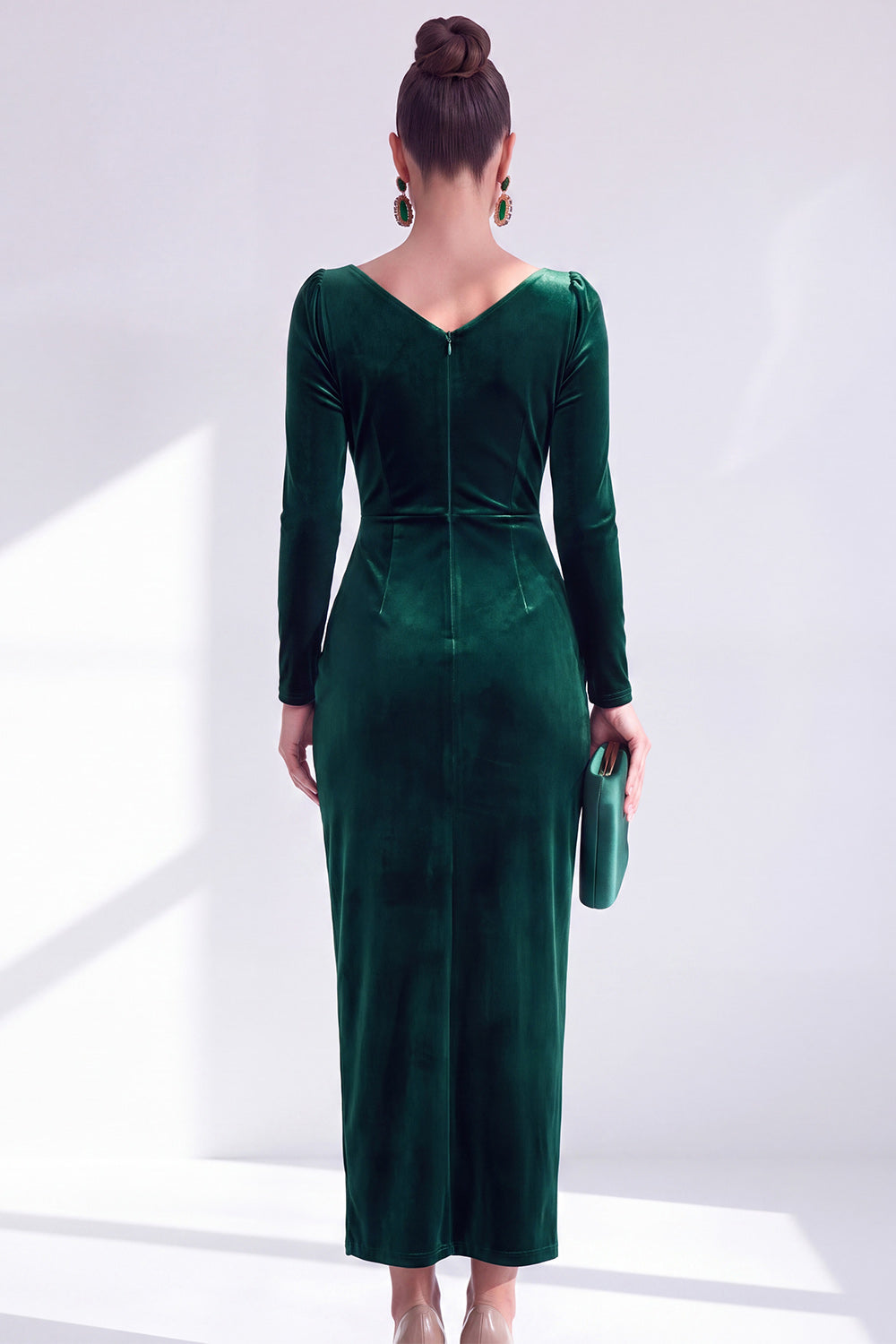 Burgundy Velvet Cowl Neck Ruched Maxi Holiday Dress with Sleeves