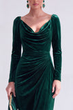 Burgundy Velvet Cowl Neck Ruched Maxi Holiday Dress with Sleeves