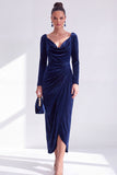 Burgundy Velvet Cowl Neck Ruched Maxi Holiday Dress with Sleeves