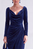 Burgundy Velvet Cowl Neck Ruched Maxi Holiday Dress with Sleeves