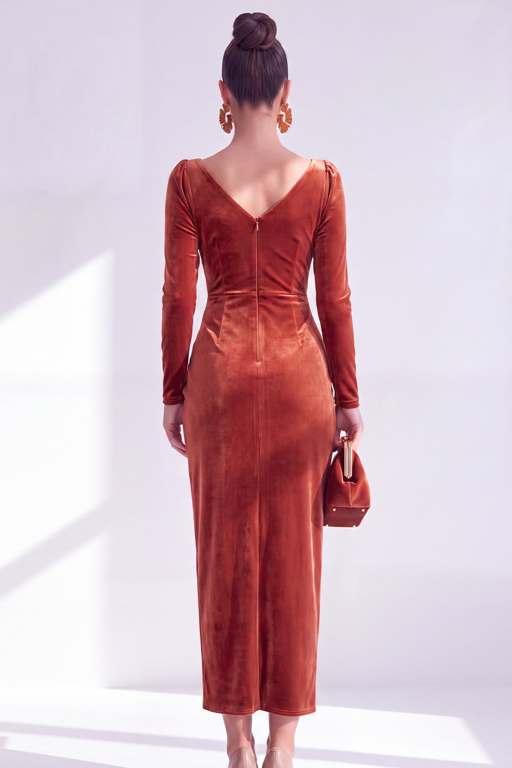 Burgundy Velvet Cowl Neck Ruched Maxi Holiday Dress with Sleeves