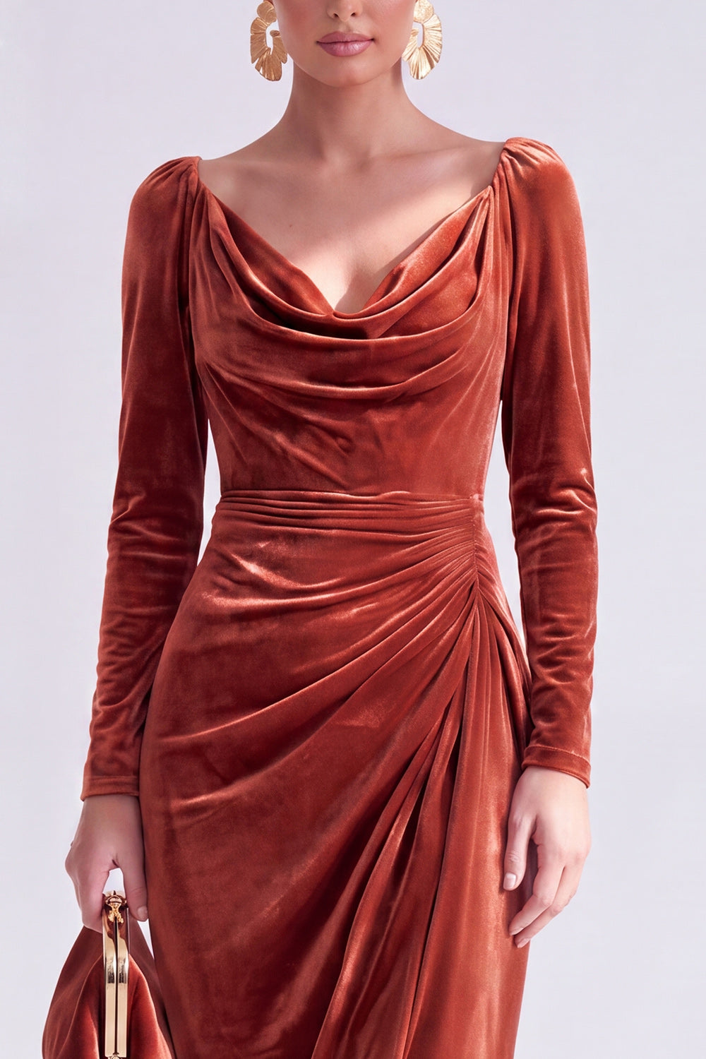 Burgundy Velvet Cowl Neck Ruched Maxi Holiday Dress with Sleeves
