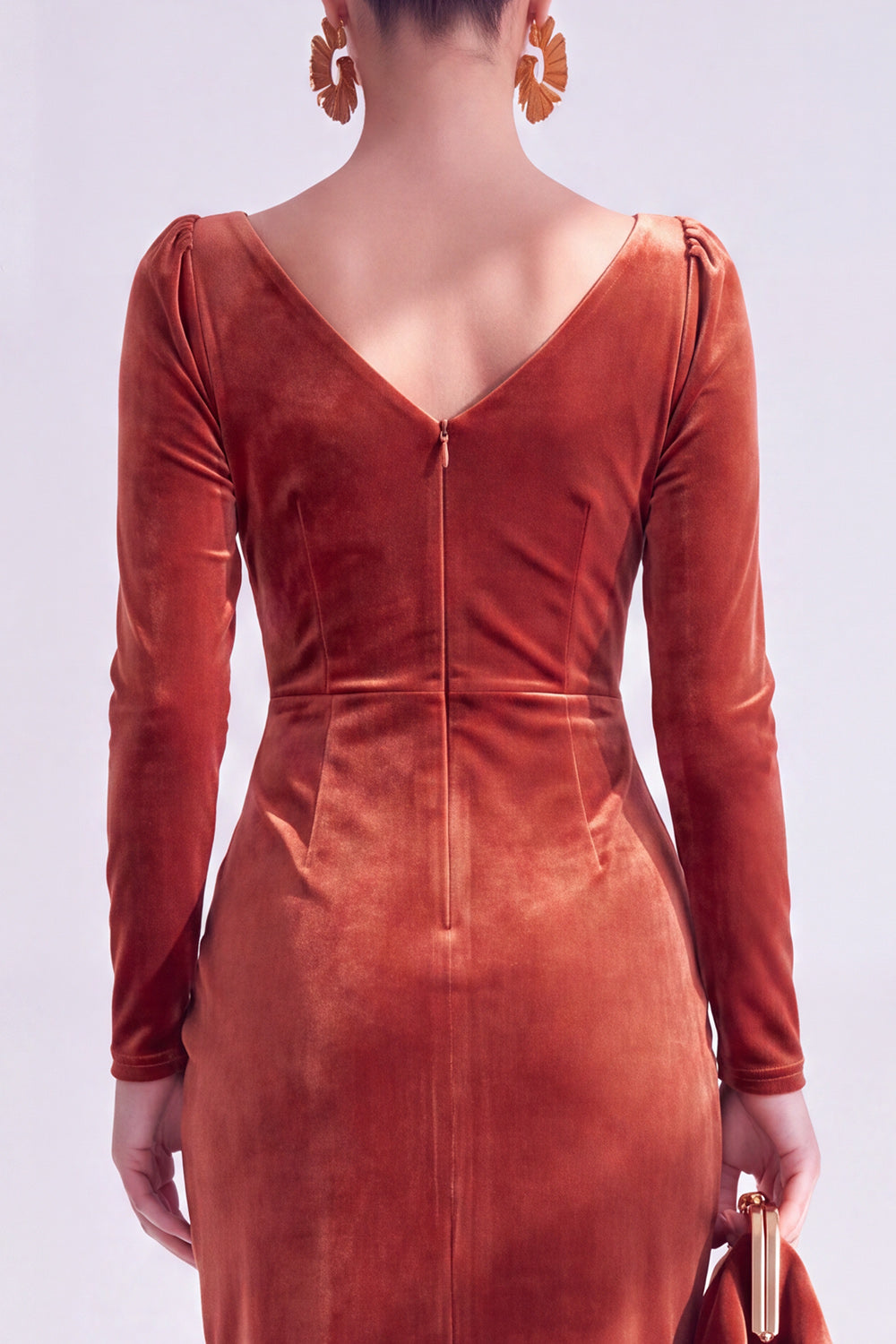 Burgundy Velvet Cowl Neck Ruched Maxi Holiday Dress with Sleeves
