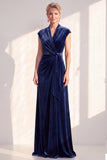 Dark Blue Velvet Sheath V-Neck Ruched Long Holiday Dress