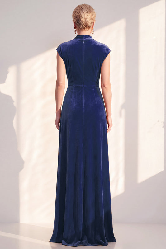 Dark Blue Velvet Sheath V-Neck Ruched Long Holiday Dress