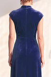 Dark Blue Velvet Sheath V-Neck Ruched Long Holiday Dress
